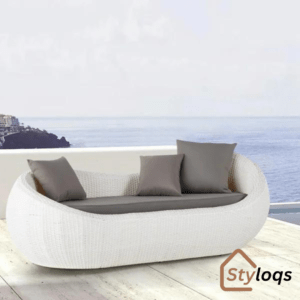 White Woven Rattan Round 1910mm Outdoor Sofa with Cushion & Pillow and Curved Back by Styloqs