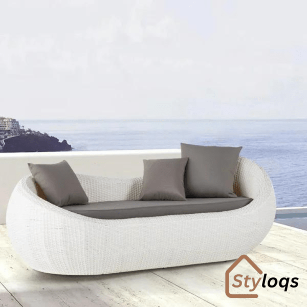 White Woven Rattan Round 1910mm Outdoor Sofa with Cushion & Pillow and Curved Back by Styloqs - Image 16