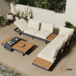 4 Pieces Modern L Shape Wood Sectional Outdoor Sofa Set with Coffee Table in Beige by Styloqs