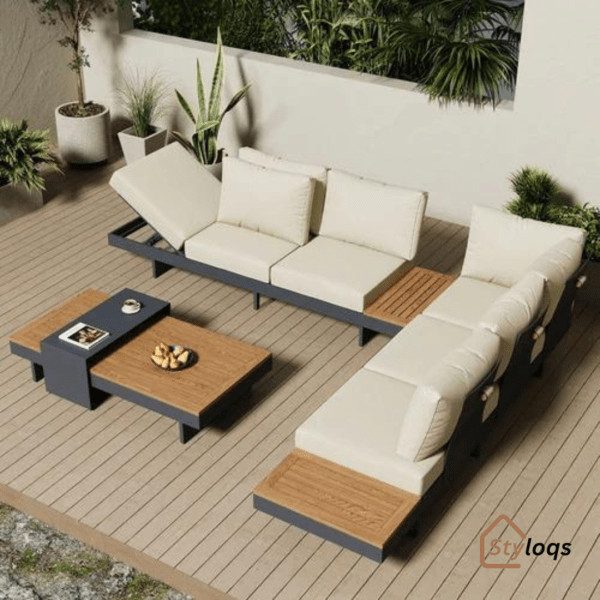 4 Pieces Modern L Shape Wood Sectional Outdoor Sofa Set with Coffee Table in Beige by Styloqs