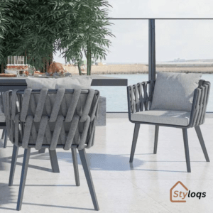 Aluminium & Woven Rope Outdoor Patio Dining Chair Armchair with Cushion Grey (Set of 2) by Styloqs