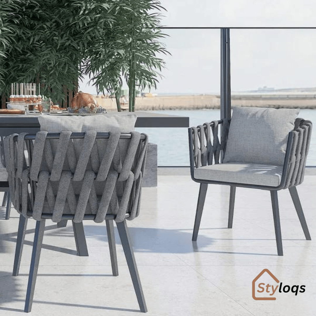 Aluminium & Woven Rope Outdoor Patio Dining Chair Armchair with Cushion Grey (Set of 2) by Styloqs