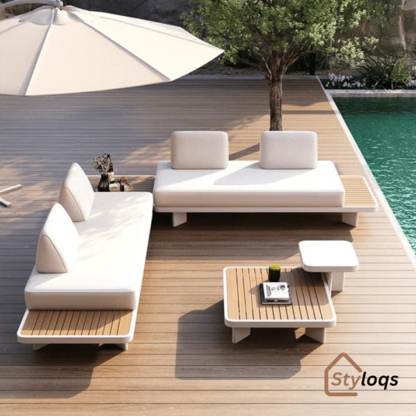 5 Pieces Modern L Shape Outdoor Sectional Sofa Set with Wood Coffee Table White & Brown By Styloqs - Image 2