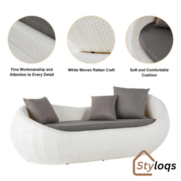 White Woven Rattan Round 1910mm Outdoor Sofa with Cushion & Pillow and Curved Back by Styloqs - Image 6