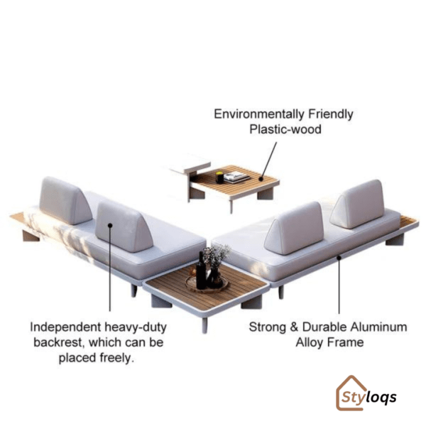 5 Pieces Modern L Shape Outdoor Sectional Sofa Set with Wood Coffee Table White & Brown By Styloqs - Image 13