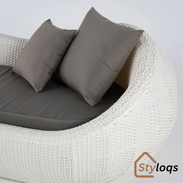 White Woven Rattan Round 1910mm Outdoor Sofa with Cushion & Pillow and Curved Back by Styloqs - Image 5