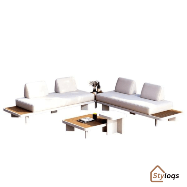 5 Pieces Modern L Shape Outdoor Sectional Sofa Set with Wood Coffee Table White & Brown By Styloqs - Image 14