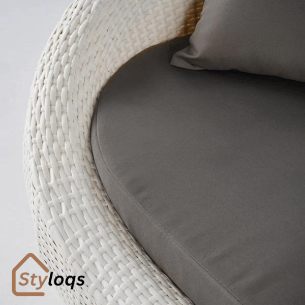 White Woven Rattan Round 1910mm Outdoor Sofa with Cushion & Pillow and Curved Back by Styloqs - Image 4