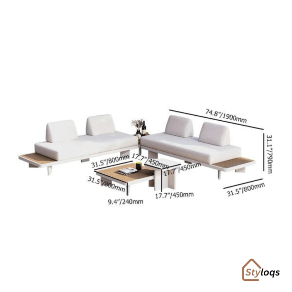 5 Pieces Modern L Shape Outdoor Sectional Sofa Set with Wood Coffee Table White & Brown By Styloqs - Image 15
