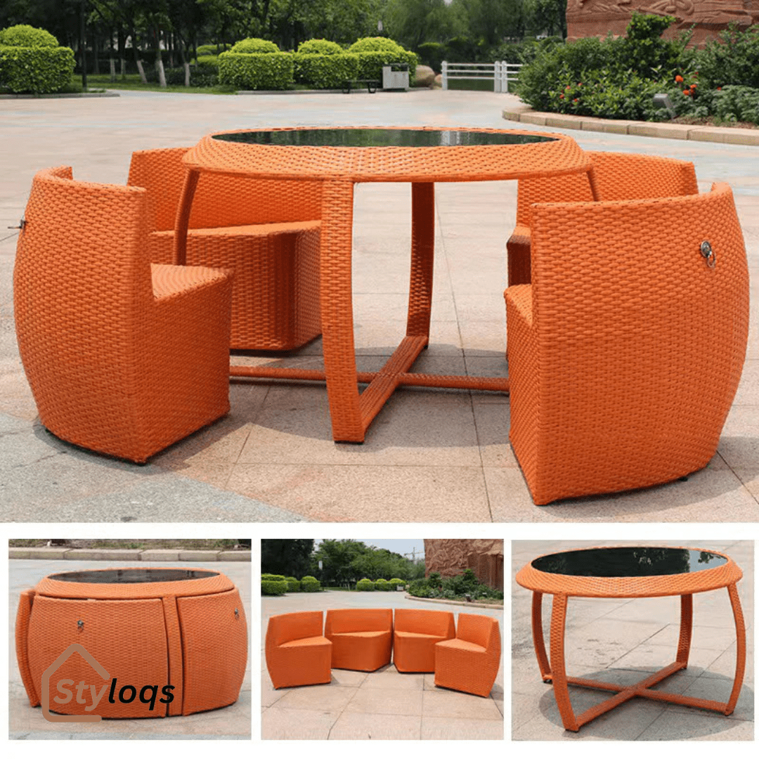 5-in-1 outdoor garden rattan dining table and chairs set with cushions by Styloqs - Image 13