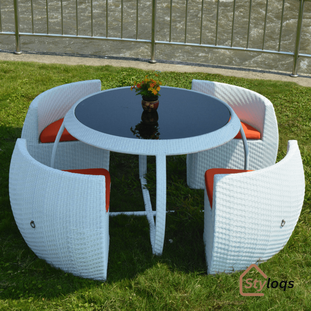 5-in-1 outdoor garden rattan dining table and chairs set with cushions by Styloqs - Image 21