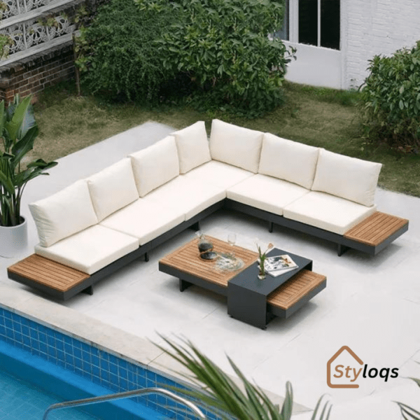 4 Pieces Modern L Shape Wood Sectional Outdoor Sofa Set with Coffee Table in Beige by Styloqs - Image 18