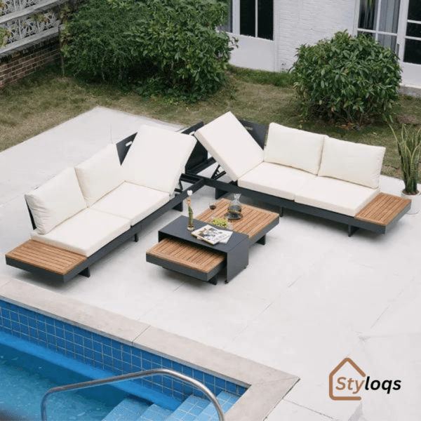 4 Pieces Modern L Shape Wood Sectional Outdoor Sofa Set with Coffee Table in Beige by Styloqs - Image 19