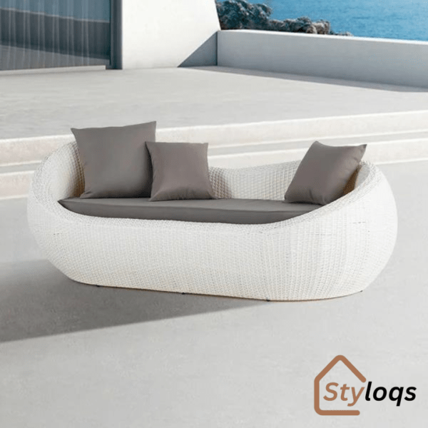 White Woven Rattan Round 1910mm Outdoor Sofa with Cushion & Pillow and Curved Back by Styloqs - Image 9