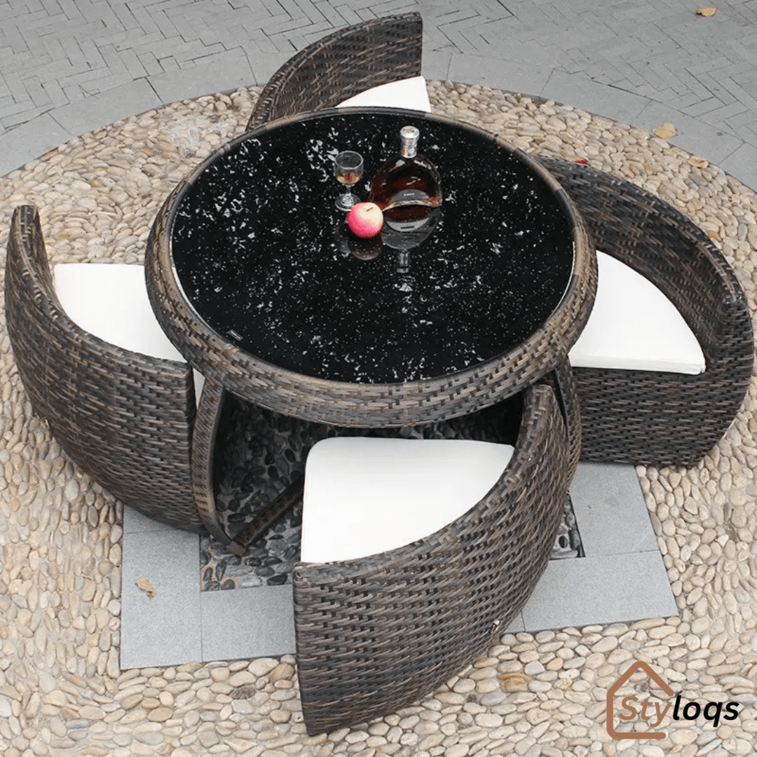 5-in-1 outdoor garden rattan dining table and chairs set with cushions by Styloqs - Image 3