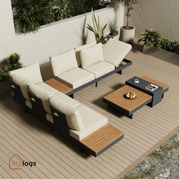 4 Pieces Modern L Shape Wood Sectional Outdoor Sofa Set with Coffee Table in Beige by Styloqs - Image 3