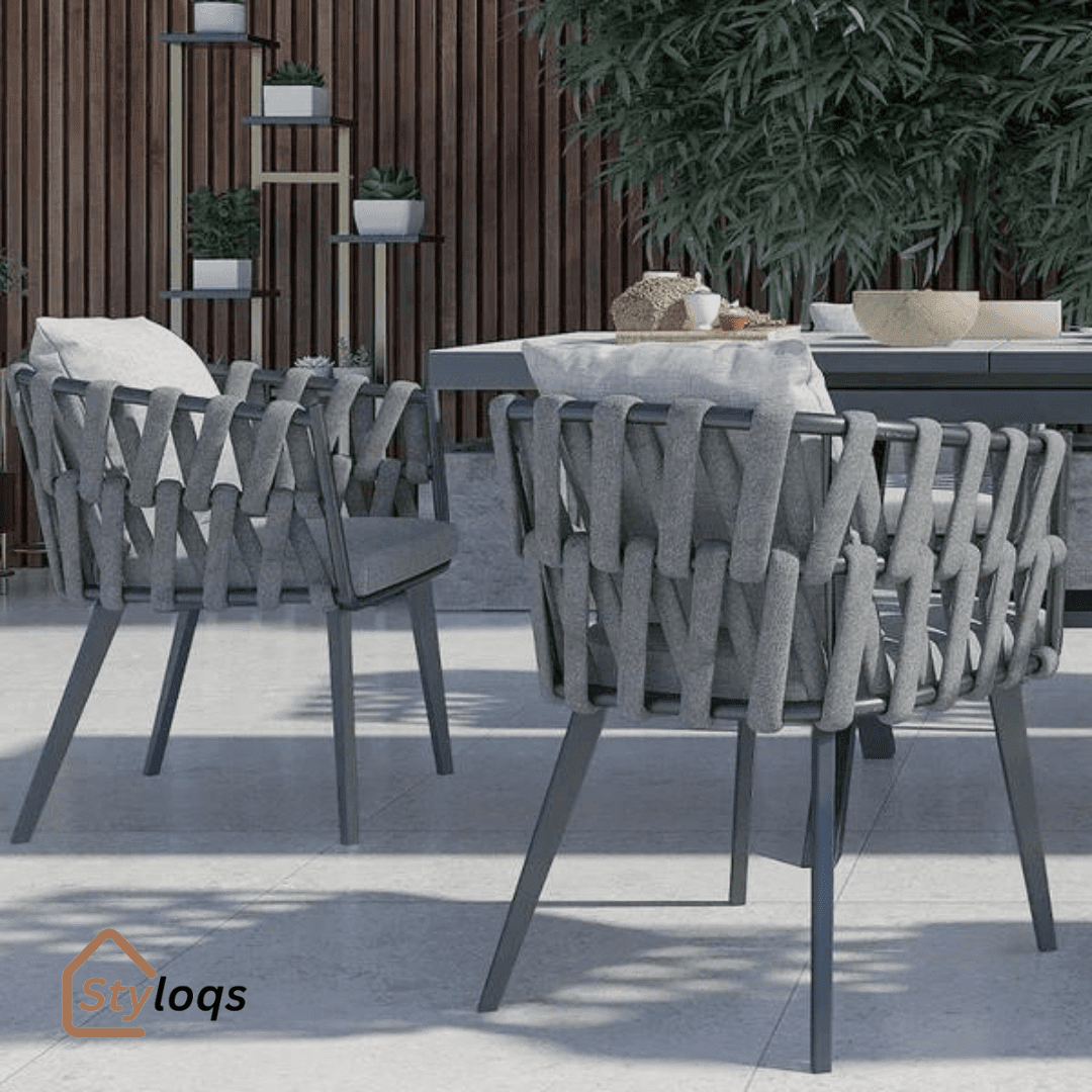 Aluminium & Woven Rope Outdoor Patio Dining Chair Armchair with Cushion Grey (Set of 2) by Styloqs - Image 2