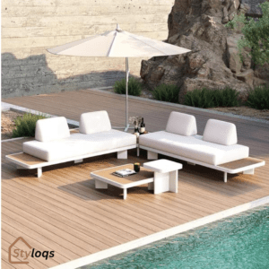 5 Pieces Modern L Shape Outdoor Sectional Sofa Set with Wood Coffee Table White & Brown By Styloqs