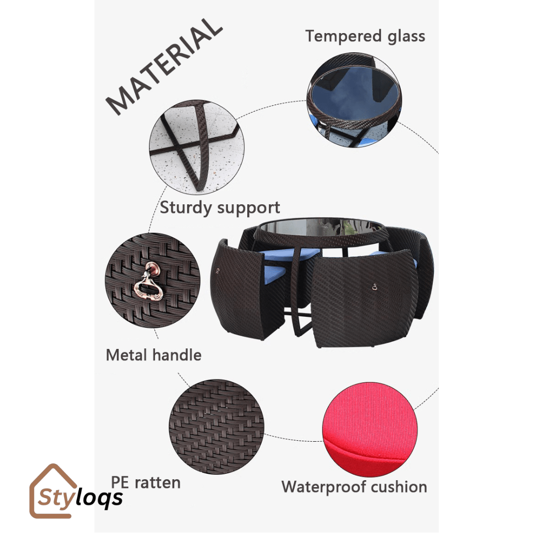 5-in-1 outdoor garden rattan dining table and chairs set with cushions by Styloqs - Image 17