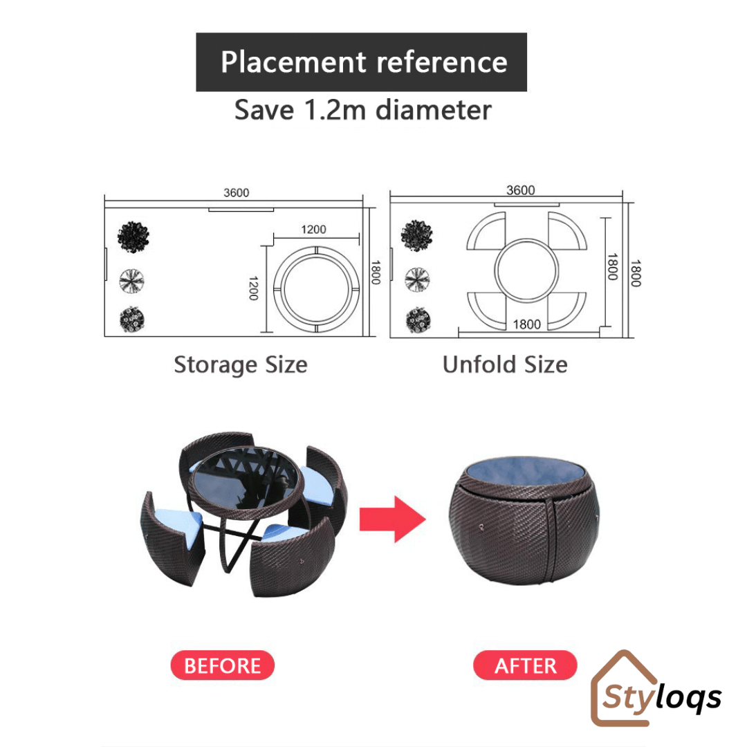 5-in-1 outdoor garden rattan dining table and chairs set with cushions by Styloqs - Image 16