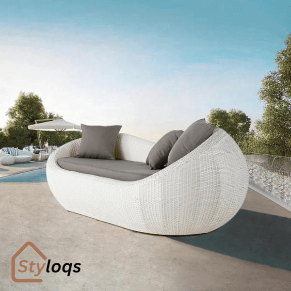 White Woven Rattan Round 1910mm Outdoor Sofa with Cushion & Pillow and Curved Back by Styloqs - Image 13