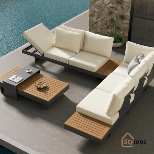 4 Pieces Modern L Shape Wood Sectional Outdoor Sofa Set with Coffee Table in Beige by Styloqs - Image 4