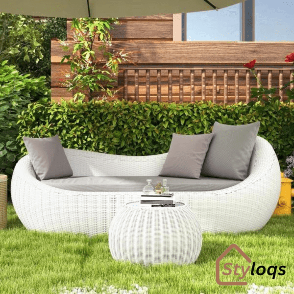 White Woven Rattan Round 1910mm Outdoor Sofa with Cushion & Pillow and Curved Back by Styloqs - Image 10