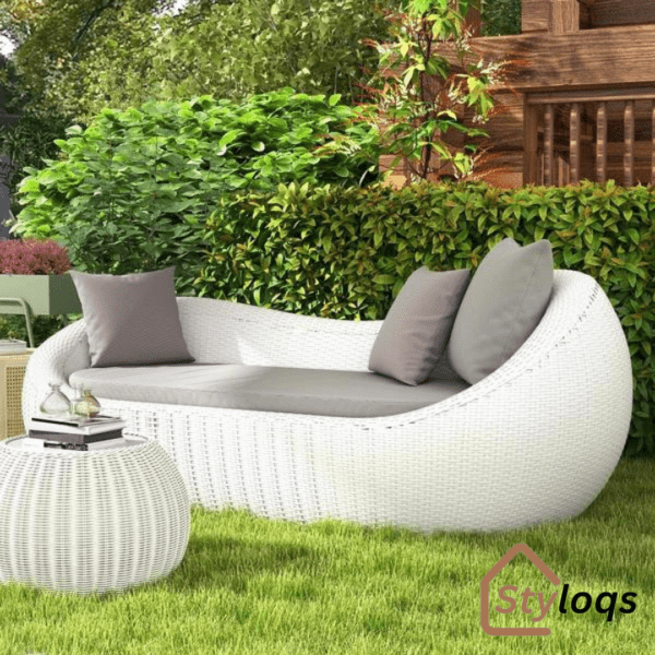 White Woven Rattan Round 1910mm Outdoor Sofa with Cushion & Pillow and Curved Back by Styloqs - Image 15