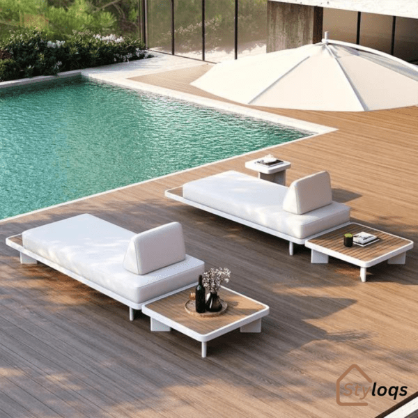5 Pieces Modern L Shape Outdoor Sectional Sofa Set with Wood Coffee Table White & Brown By Styloqs - Image 7
