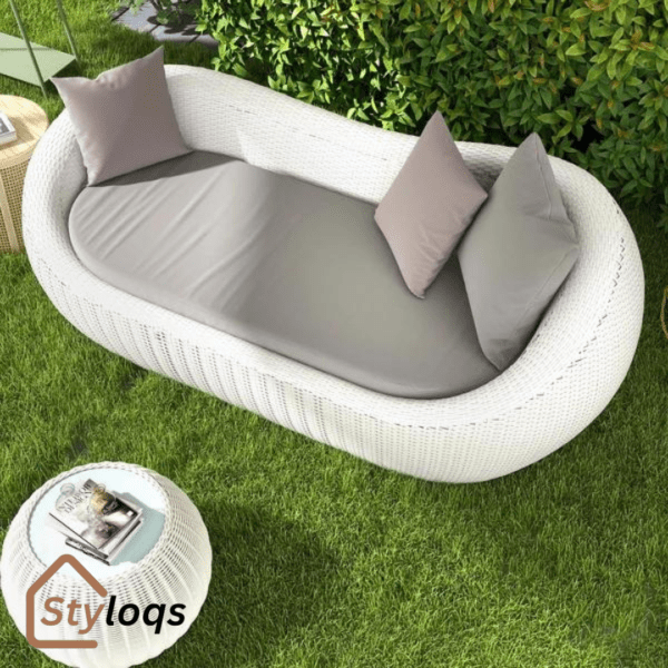 White Woven Rattan Round 1910mm Outdoor Sofa with Cushion & Pillow and Curved Back by Styloqs - Image 11