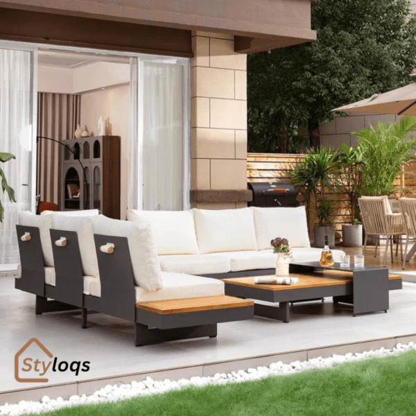 4 Pieces Modern L Shape Wood Sectional Outdoor Sofa Set with Coffee Table in Beige by Styloqs - Image 2
