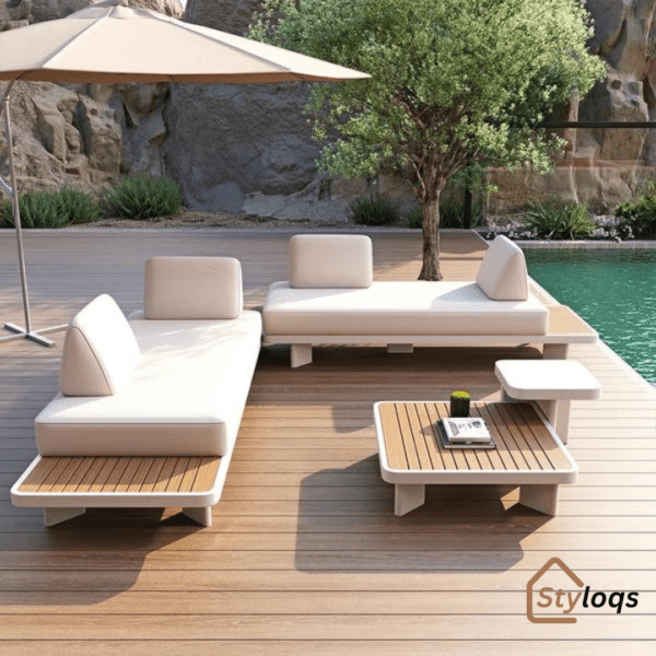 5 Pieces Modern L Shape Outdoor Sectional Sofa Set with Wood Coffee Table White & Brown By Styloqs - Image 8