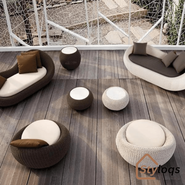 White Woven Rattan Round 1910mm Outdoor Sofa with Cushion & Pillow and Curved Back by Styloqs - Image 14