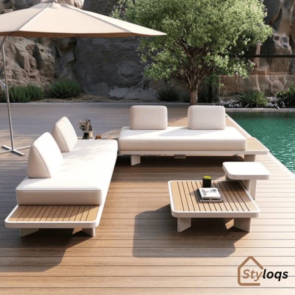 5 Pieces Modern L Shape Outdoor Sectional Sofa Set with Wood Coffee Table White & Brown By Styloqs - Image 9