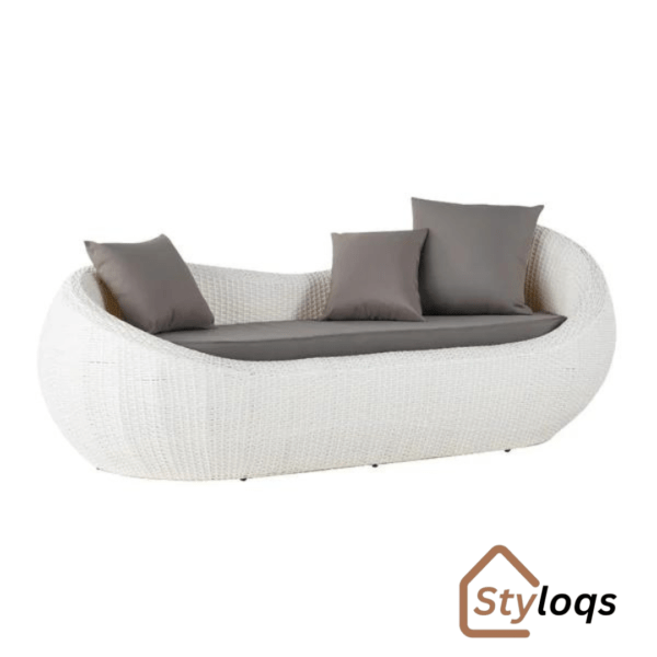 White Woven Rattan Round 1910mm Outdoor Sofa with Cushion & Pillow and Curved Back by Styloqs - Image 12