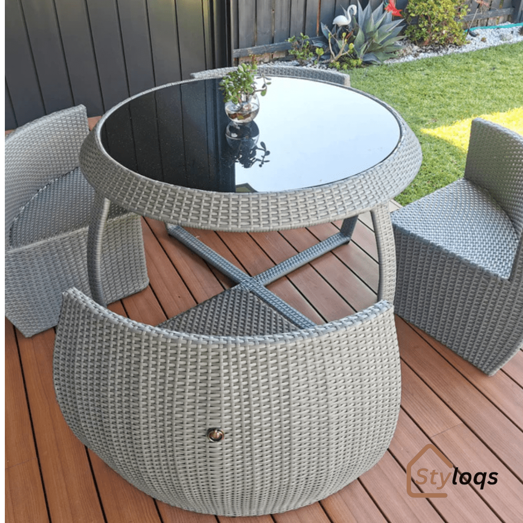5-in-1 outdoor garden rattan dining table and chairs set with cushions by Styloqs - Image 8