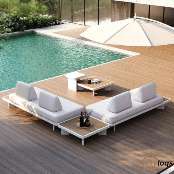 5 Pieces Modern L Shape Outdoor Sectional Sofa Set with Wood Coffee Table White & Brown By Styloqs - Image 10