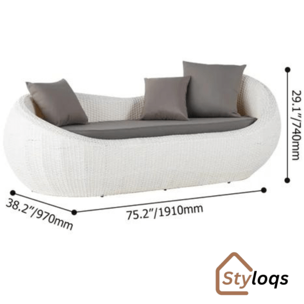 White Woven Rattan Round 1910mm Outdoor Sofa with Cushion & Pillow and Curved Back by Styloqs - Image 8