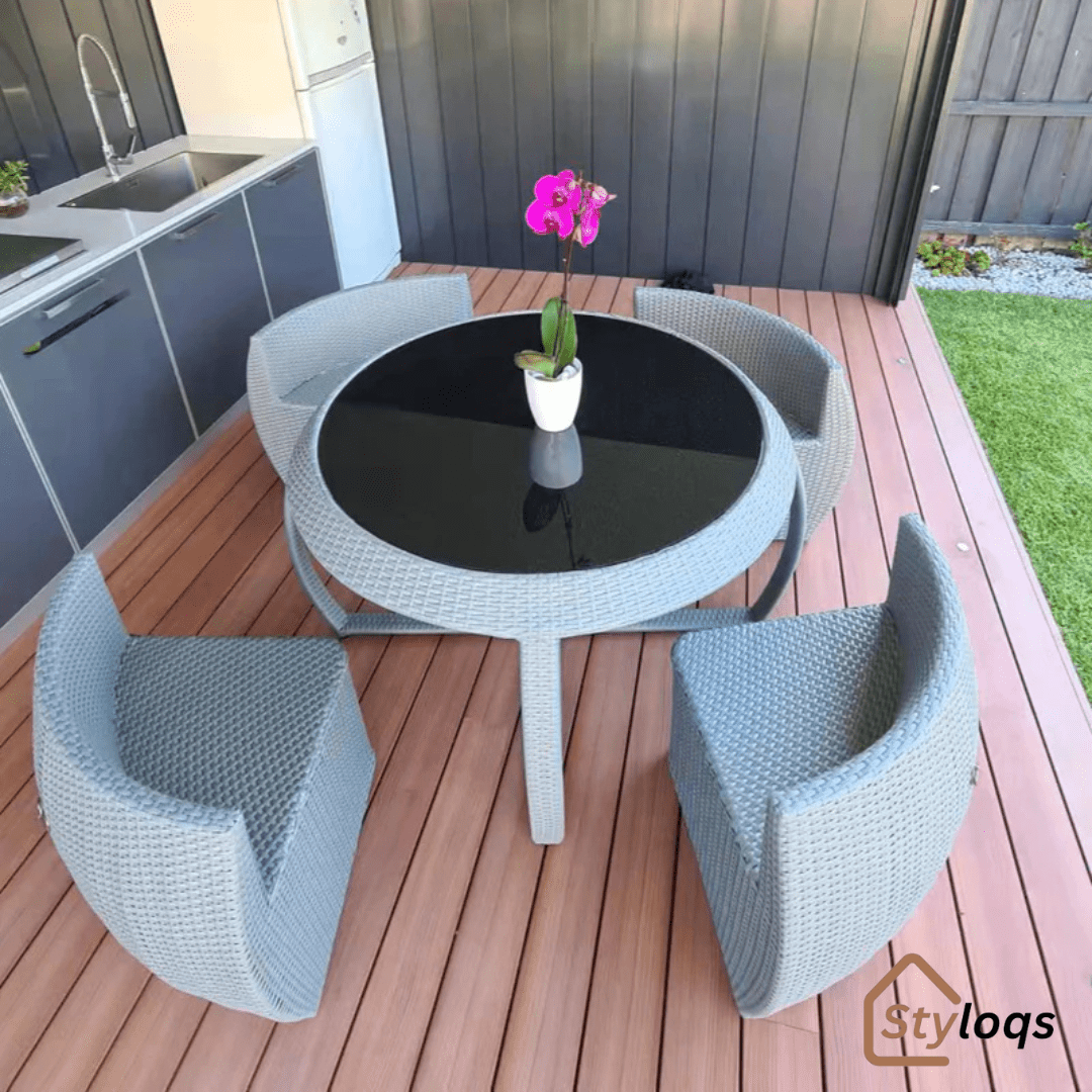 5-in-1 outdoor garden rattan dining table and chairs set with cushions by Styloqs - Image 9