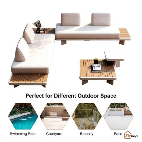 5 Pieces Modern L Shape Outdoor Sectional Sofa Set with Wood Coffee Table White & Brown By Styloqs - Image 11
