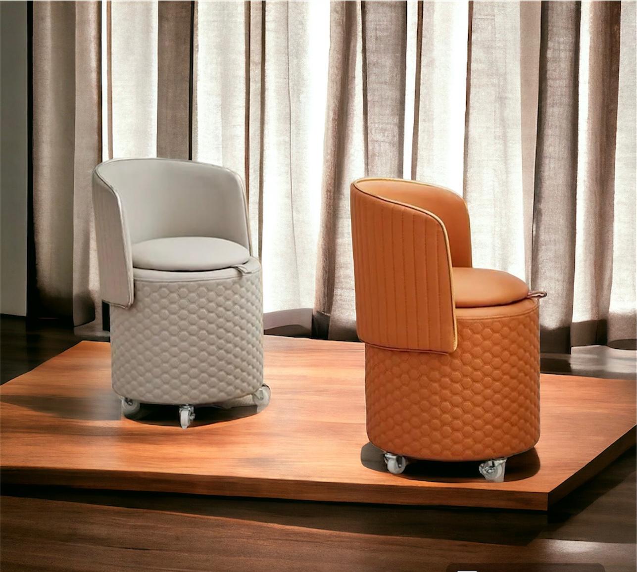 Vanity Stool with Back and Wheels, Storage and Leather Upholstered - Beige