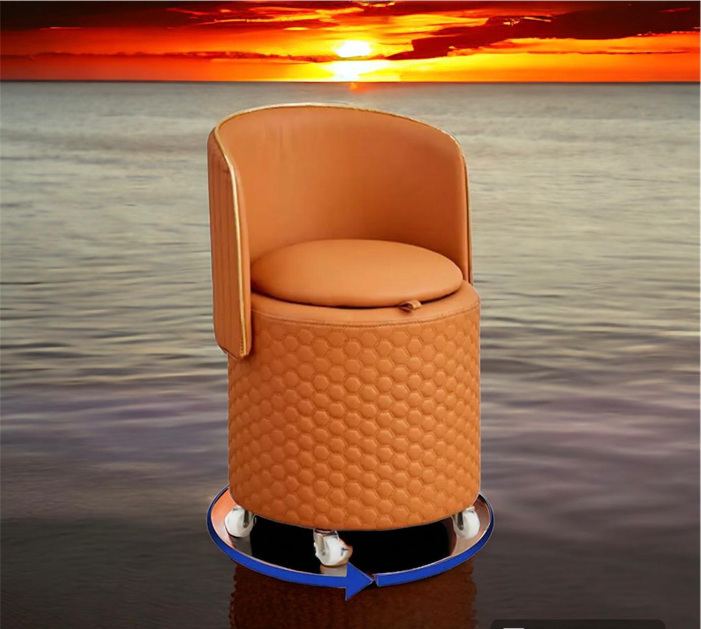 Vanity Stool with Back and Wheels, Storage and Leather Upholstered - Beige - Image 7