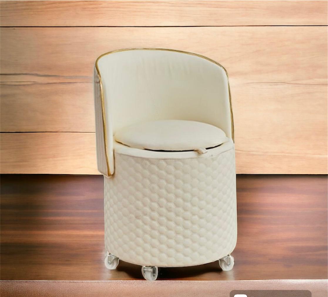 Vanity Stool with Back and Wheels, Storage and Leather Upholstered - Beige - Image 2