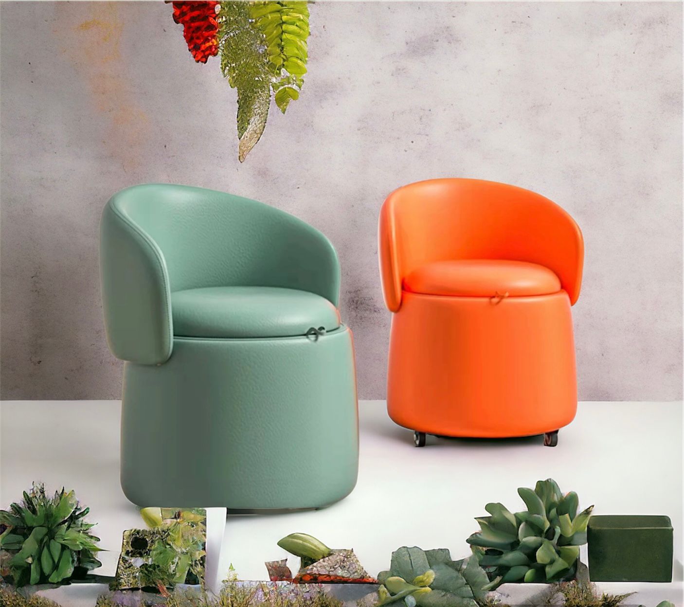 Vanity Stool with Back and Wheels, Storage and Leather Upholstered - Beige - Image 8