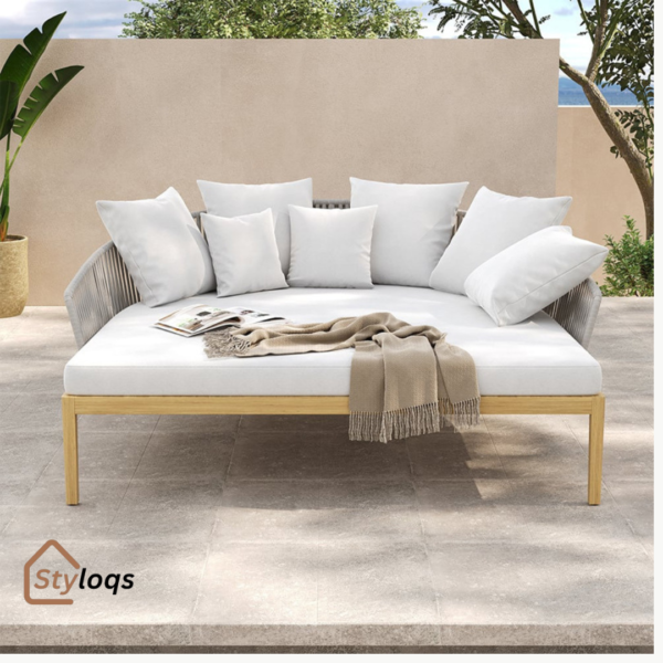 Nordic outdoor teak bed rattan waterproof anti-corrosion beach outdoor lounge chair homestay hotel swimming pool sofa bed by styloqs - Image 3