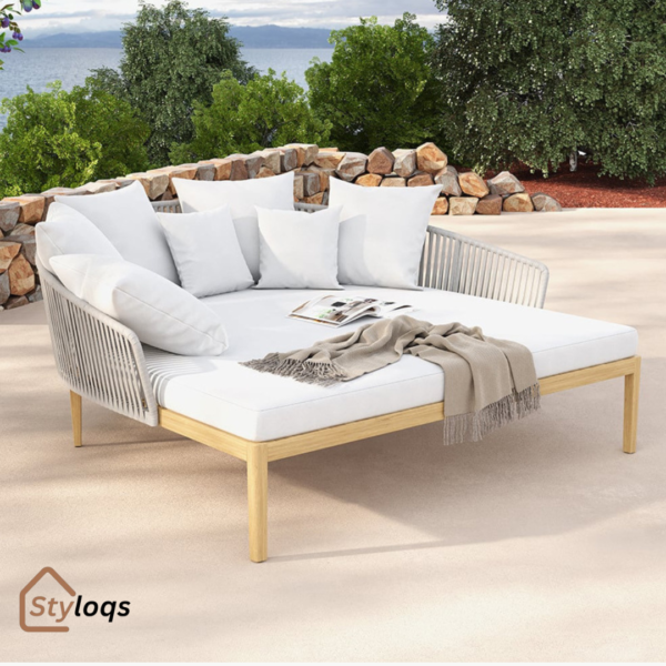 Nordic outdoor teak bed rattan waterproof anti-corrosion beach outdoor lounge chair homestay hotel swimming pool sofa bed by styloqs - Image 4